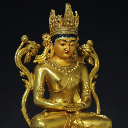 10"Tibetan Temple Collection Old Bronze Gilded Painted Face Amitayus Longevity Sitting Buddha Lotus Platform Worship Hall