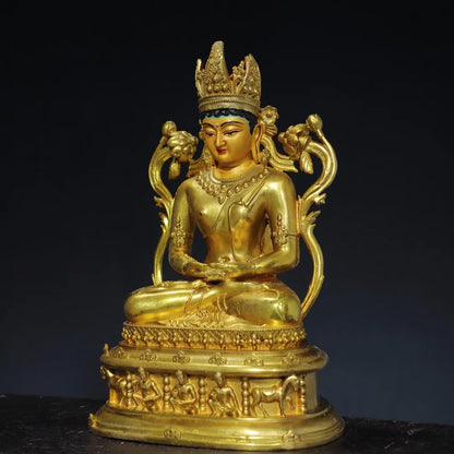 10"Tibetan Temple Collection Old Bronze Gilded Painted Face Amitayus Longevity Sitting Buddha Lotus Platform Worship Hall
