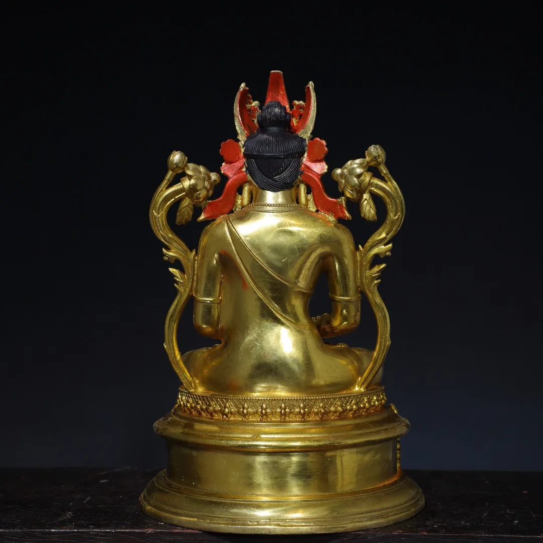 10"Tibetan Temple Collection Old Bronze Gilded Painted Face Amitayus Longevity Sitting Buddha Lotus Platform Worship Hall