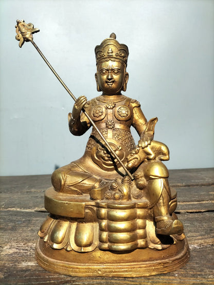 10"Tibetan Temple Collection Old Bronze Gilt Treasure Vaisravana Tibetan Buddha Sitting Buddha Town house Exorcism