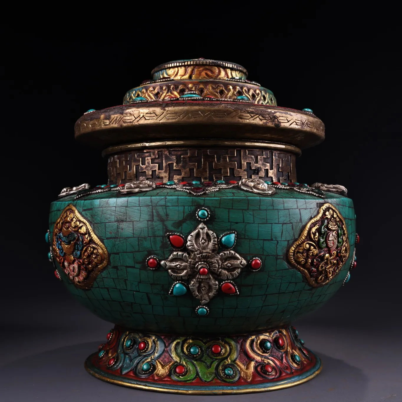 10"Tibetan Temple Collection Old Bronze Outline in gold Mosaic Gem Auspicious Eight Treasures Cornucopia Dharma jar Town house