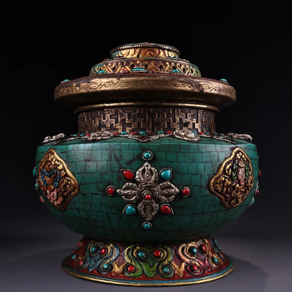 10"Tibetan Temple Collection Old Bronze Outline in gold Mosaic Gem Auspicious Eight Treasures Cornucopia Dharma jar Town house