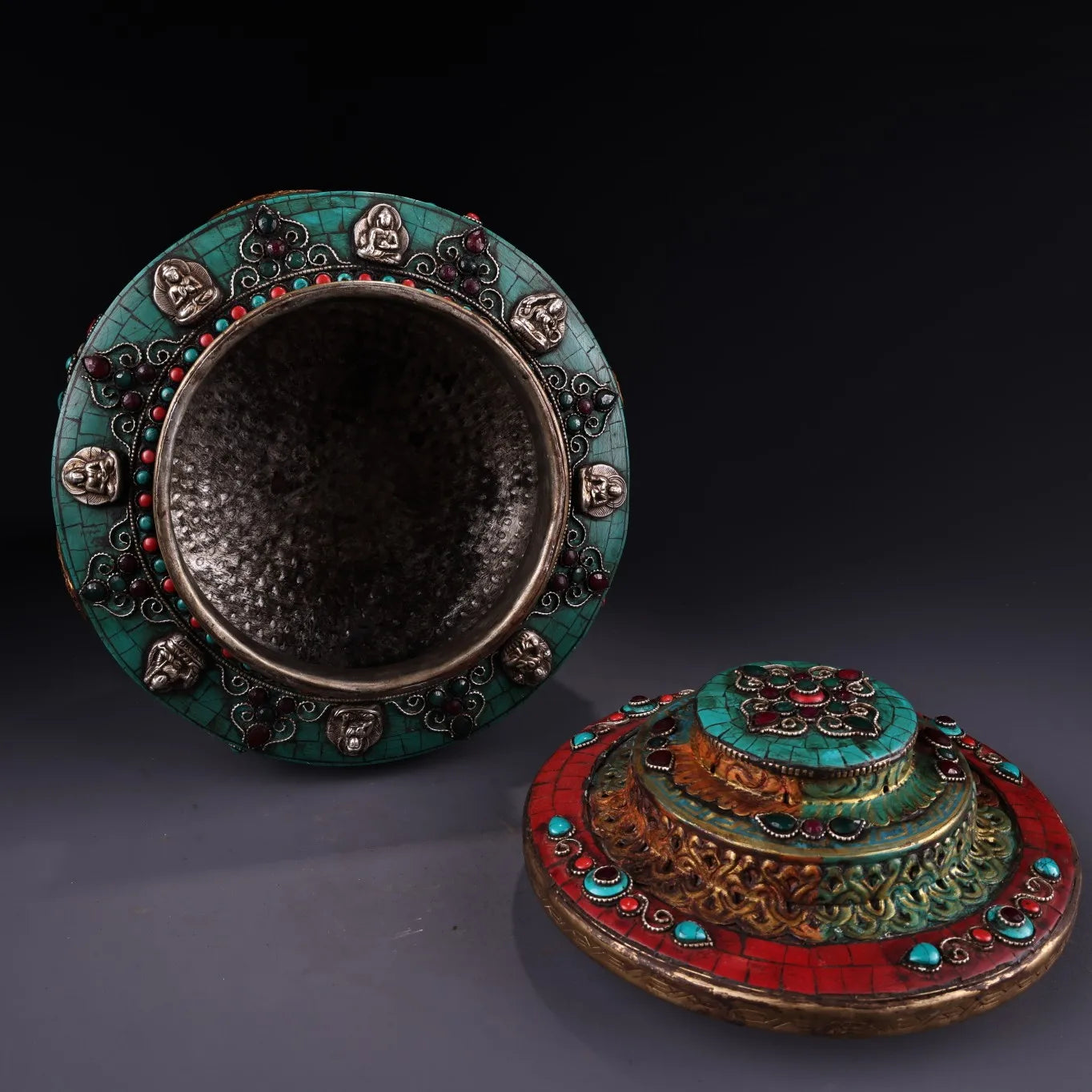 10"Tibetan Temple Collection Old Bronze Outline in gold Mosaic Gem Auspicious Eight Treasures Cornucopia Dharma jar Town house