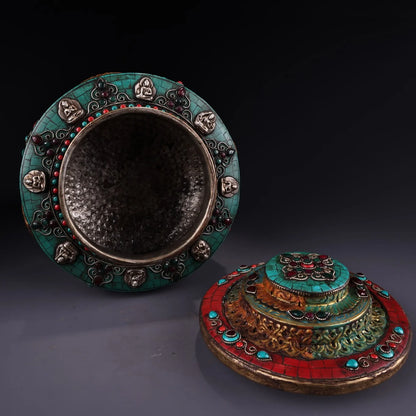 10"Tibetan Temple Collection Old Bronze Outline in gold Mosaic Gem Auspicious Eight Treasures Cornucopia Dharma jar Town house