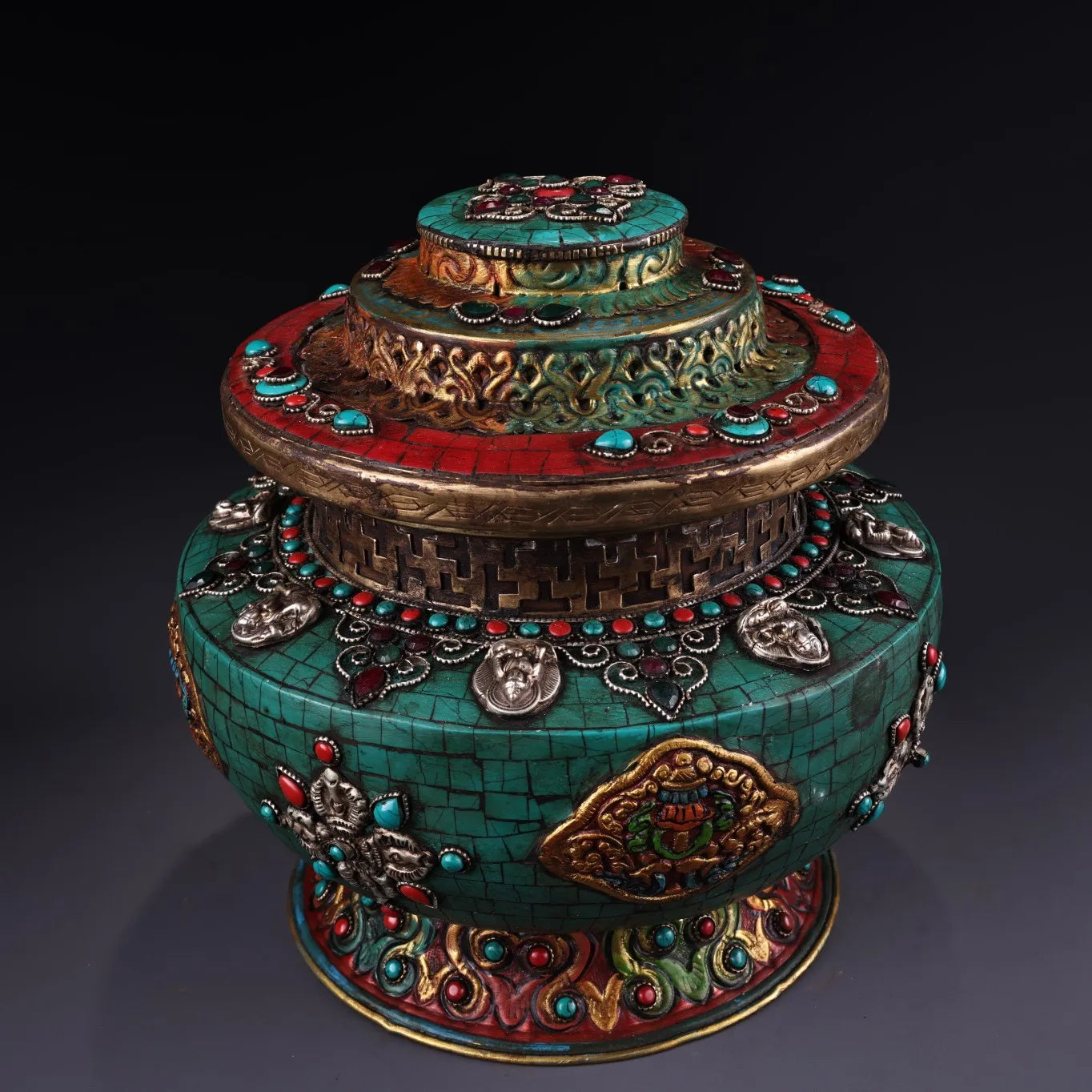 10"Tibetan Temple Collection Old Bronze Outline in gold Mosaic Gem Auspicious Eight Treasures Cornucopia Dharma jar Town house