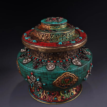 10"Tibetan Temple Collection Old Bronze Outline in gold Mosaic Gem Auspicious Eight Treasures Cornucopia Dharma jar Town house