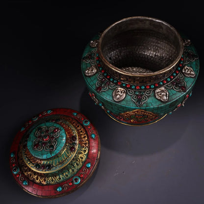 10"Tibetan Temple Collection Old Bronze Outline in gold Mosaic Gem Auspicious Eight Treasures Cornucopia Dharma jar Town house