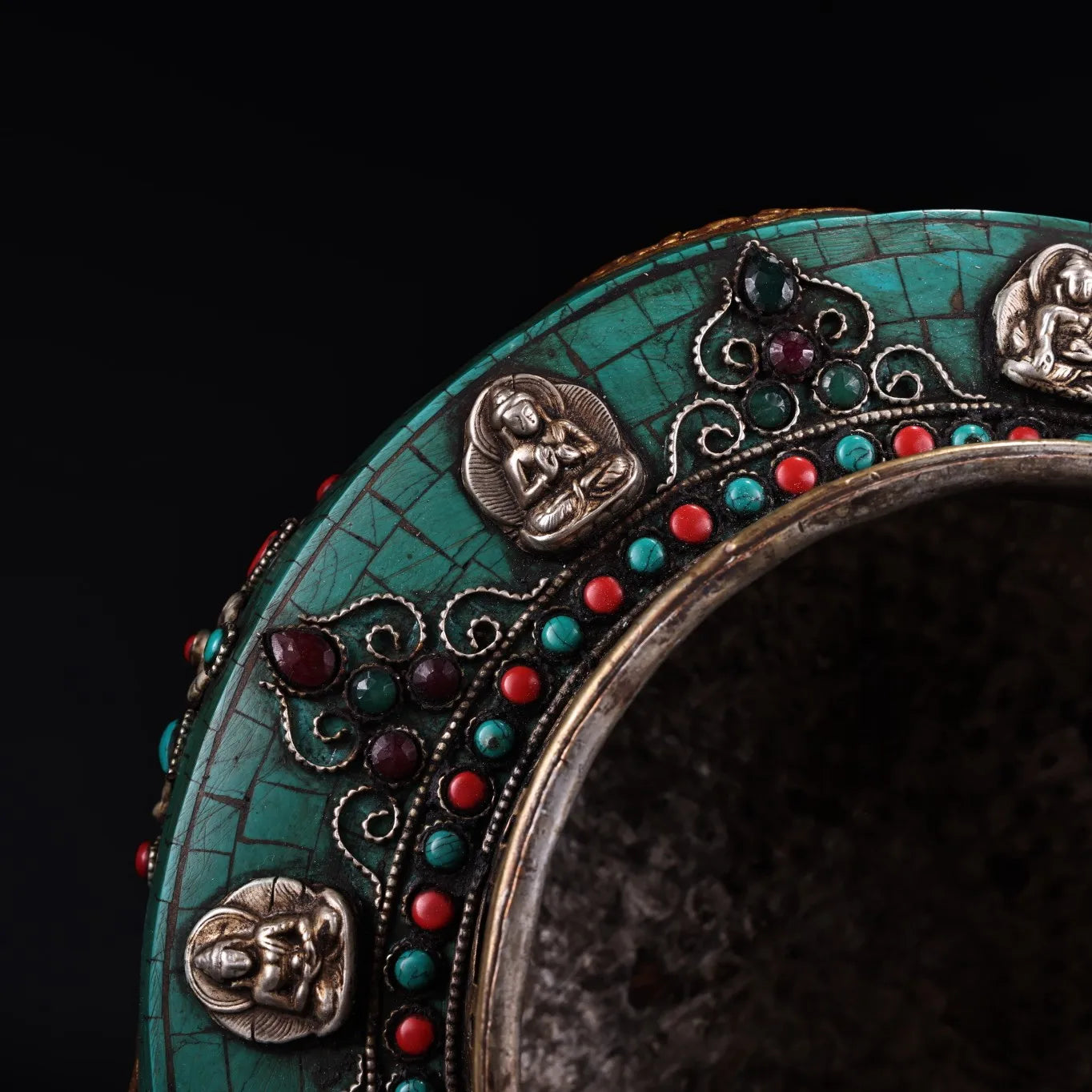 10"Tibetan Temple Collection Old Bronze Outline in gold Mosaic Gem Auspicious Eight Treasures Cornucopia Dharma jar Town house