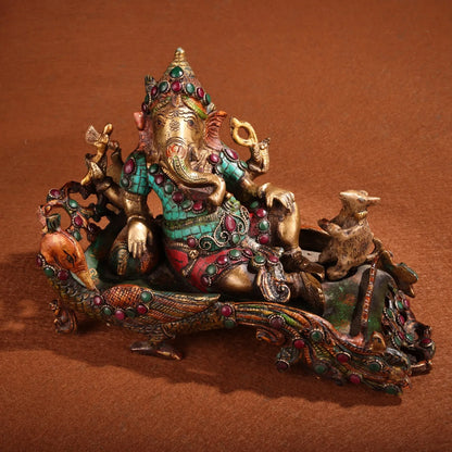 10"Tibetan Temple Collection Old Bronze Outline in gold Mosaic Gem Painted Ganesha Sitting Phoenix Worship Hall Town house