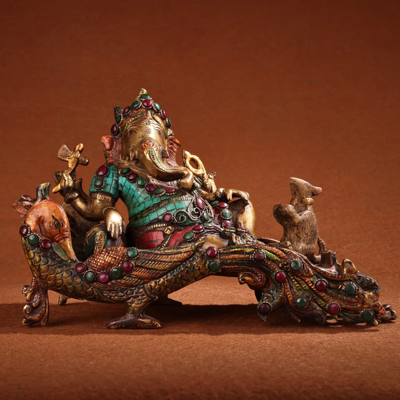 10"Tibetan Temple Collection Old Bronze Outline in gold Mosaic Gem Painted Ganesha Sitting Phoenix Worship Hall Town house