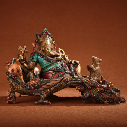 10"Tibetan Temple Collection Old Bronze Outline in gold Mosaic Gem Painted Ganesha Sitting Phoenix Worship Hall Town house