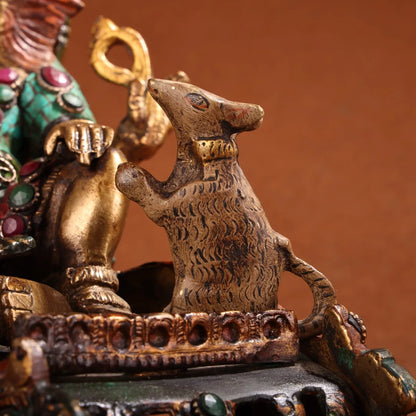 10"Tibetan Temple Collection Old Bronze Outline in gold Mosaic Gem Painted Ganesha Sitting Phoenix Worship Hall Town house