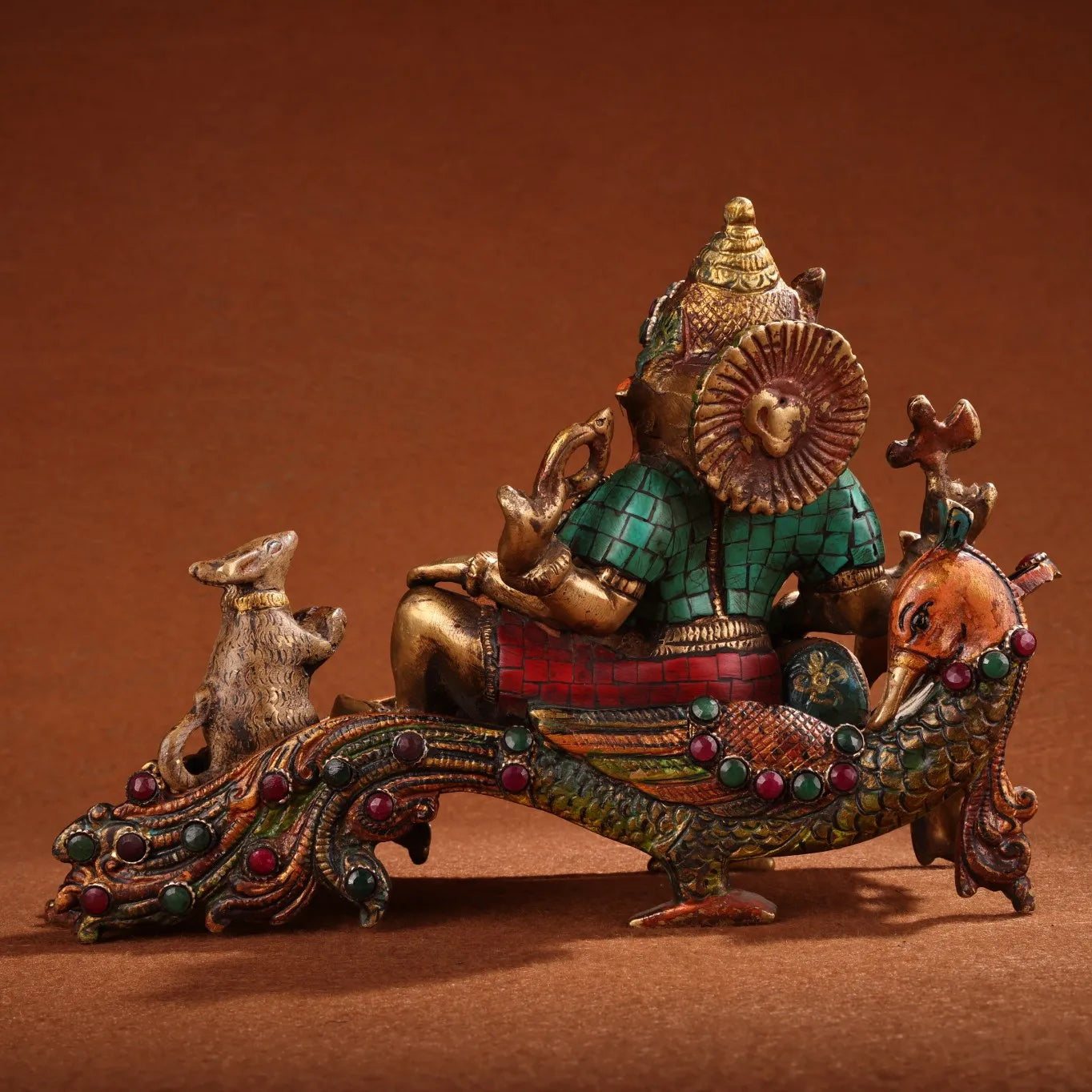10"Tibetan Temple Collection Old Bronze Outline in gold Mosaic Gem Painted Ganesha Sitting Phoenix Worship Hall Town house