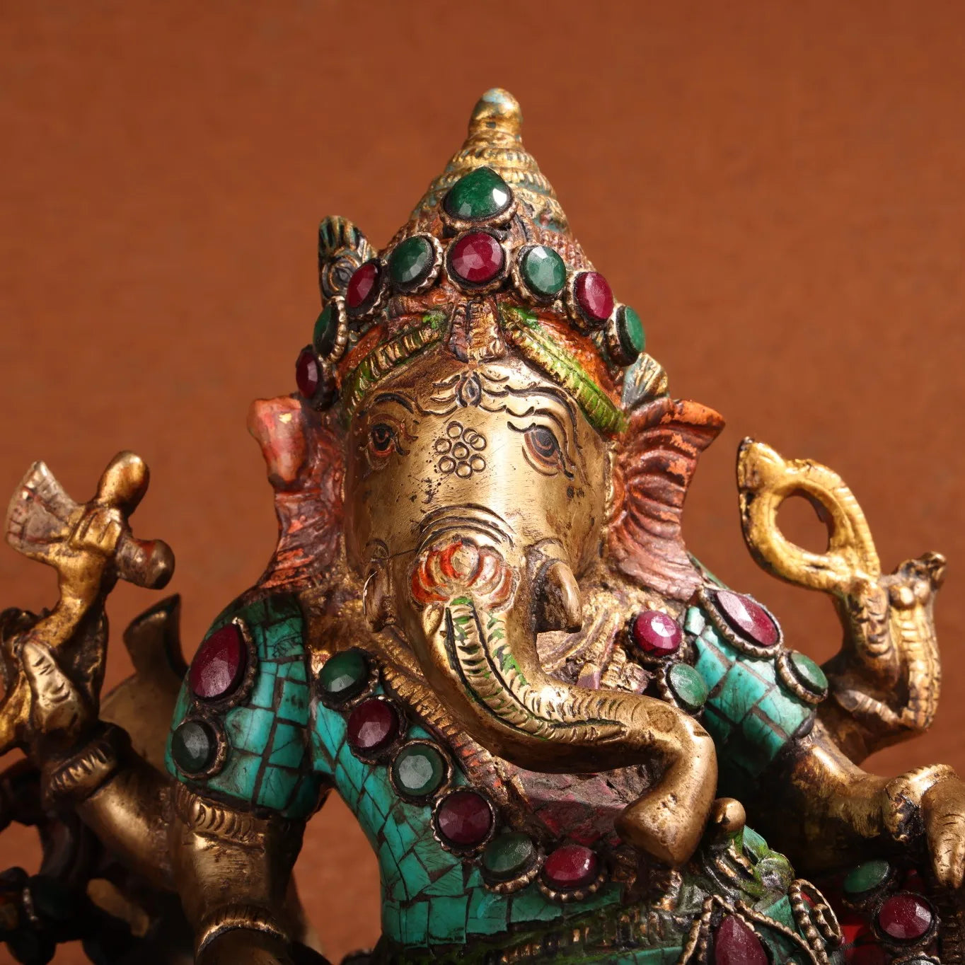 10"Tibetan Temple Collection Old Bronze Outline in gold Mosaic Gem Painted Ganesha Sitting Phoenix Worship Hall Town house