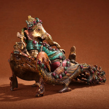 10"Tibetan Temple Collection Old Bronze Outline in gold Mosaic Gem Painted Ganesha Sitting Phoenix Worship Hall Town house