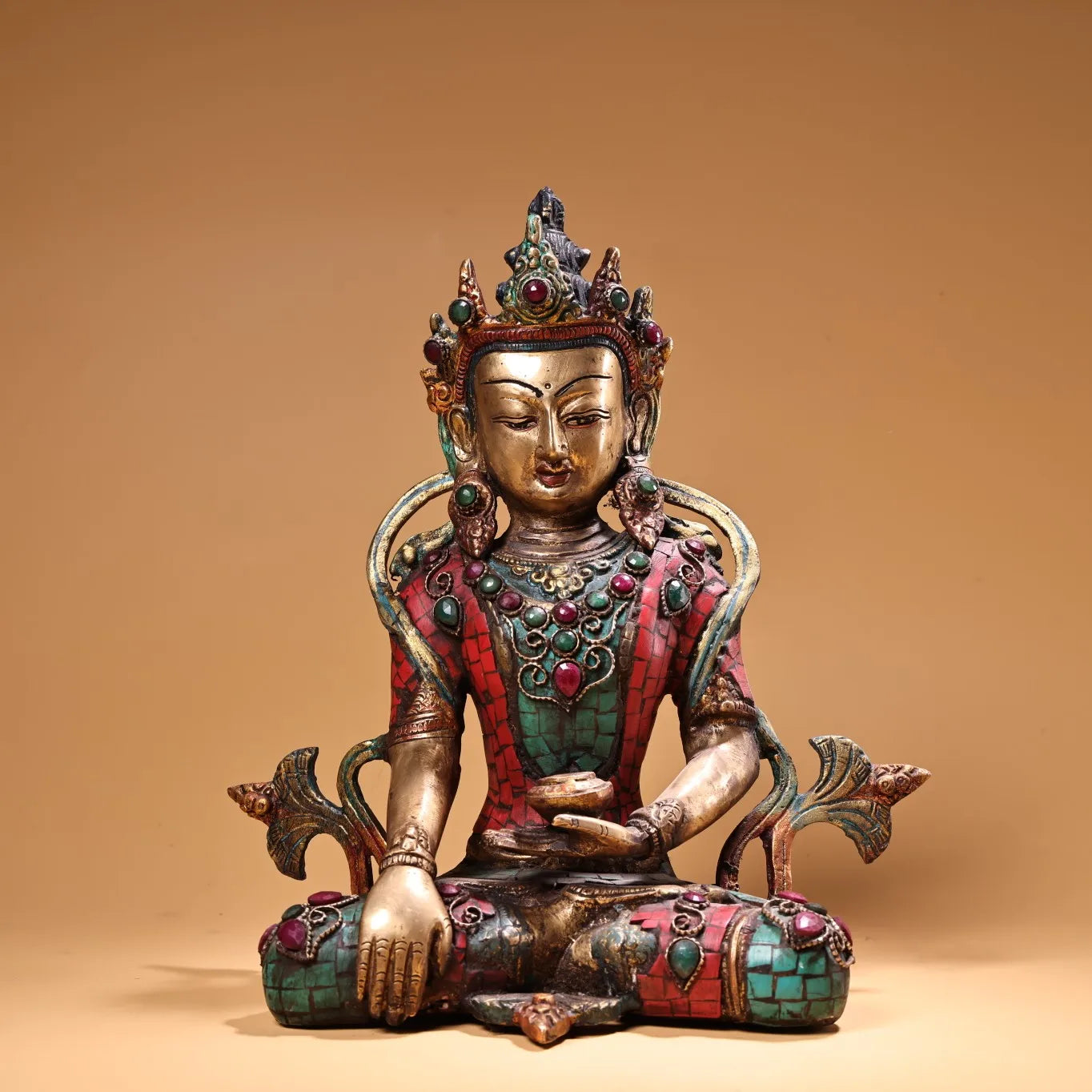 10"Tibetan Temple Collection Old Bronze Outline in gold Mosaic Gem Turquoise Shakyamuni Buddha Amitabha Worship Hall Town house