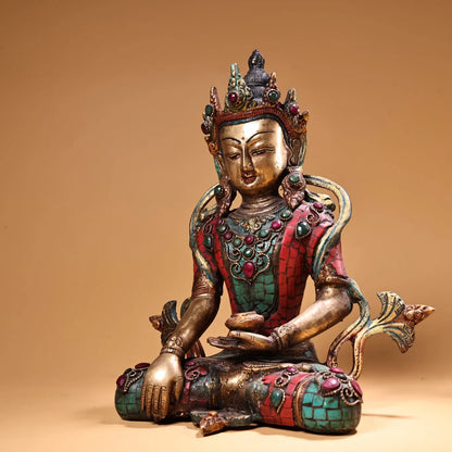 10"Tibetan Temple Collection Old Bronze Outline in gold Mosaic Gem Turquoise Shakyamuni Buddha Amitabha Worship Hall Town house