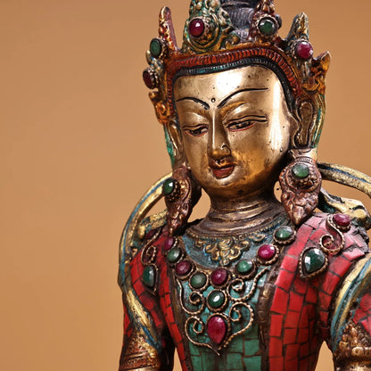 10"Tibetan Temple Collection Old Bronze Outline in gold Mosaic Gem Turquoise Shakyamuni Buddha Amitabha Worship Hall Town house