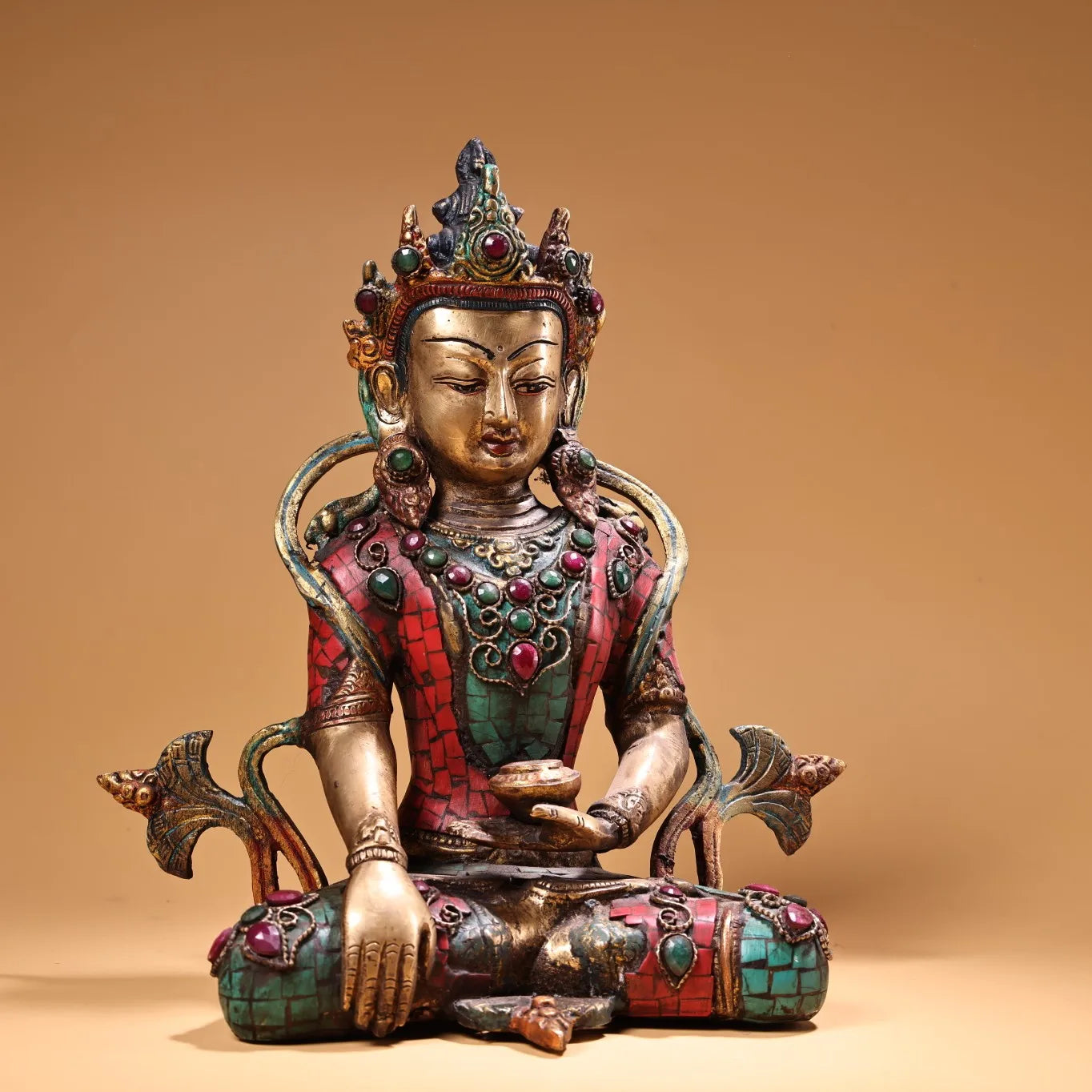 10"Tibetan Temple Collection Old Bronze Outline in gold Mosaic Gem Turquoise Shakyamuni Buddha Amitabha Worship Hall Town house