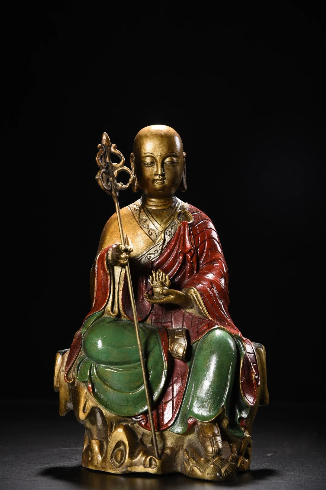 10"Tibetan Temple Collection Old Bronze Painted Cinnabar Ksitigarbha Bodhisattva Sitting Buddha Platform Amitabha Worship Hall