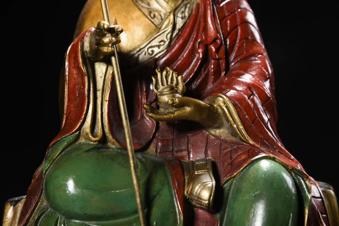 10"Tibetan Temple Collection Old Bronze Painted Cinnabar Ksitigarbha Bodhisattva Sitting Buddha Platform Amitabha Worship Hall