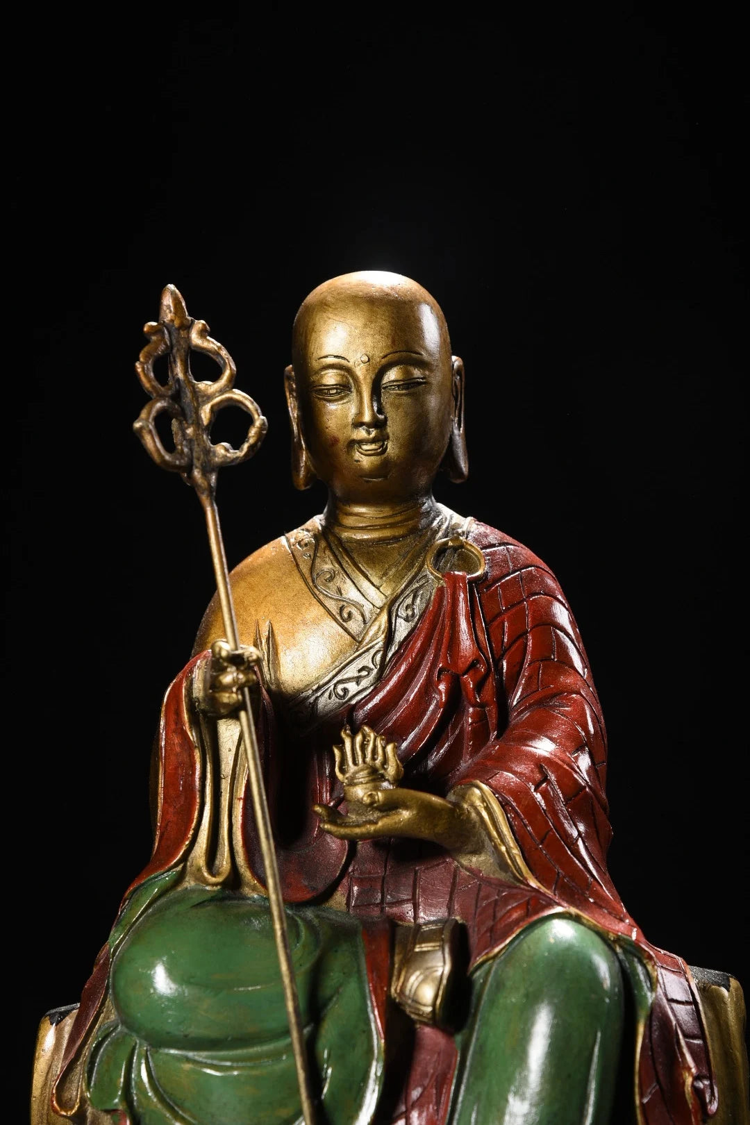 10"Tibetan Temple Collection Old Bronze Painted Cinnabar Ksitigarbha Bodhisattva Sitting Buddha Platform Amitabha Worship Hall