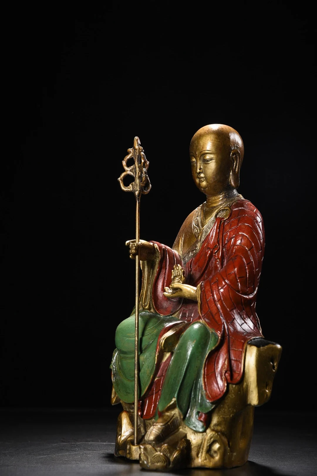10"Tibetan Temple Collection Old Bronze Painted Cinnabar Ksitigarbha Bodhisattva Sitting Buddha Platform Amitabha Worship Hall