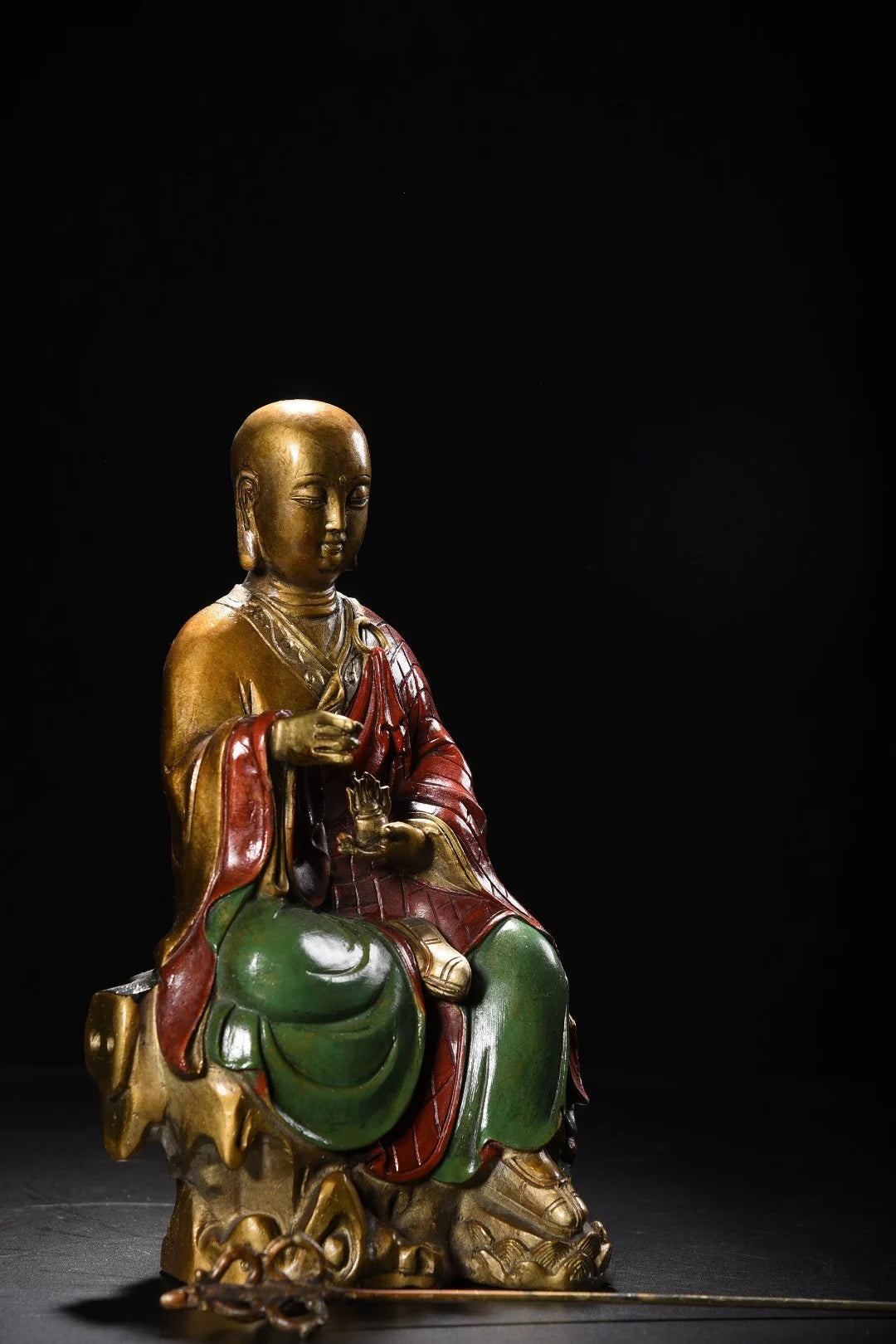 10"Tibetan Temple Collection Old Bronze Painted Cinnabar Ksitigarbha Bodhisattva Sitting Buddha Platform Amitabha Worship Hall