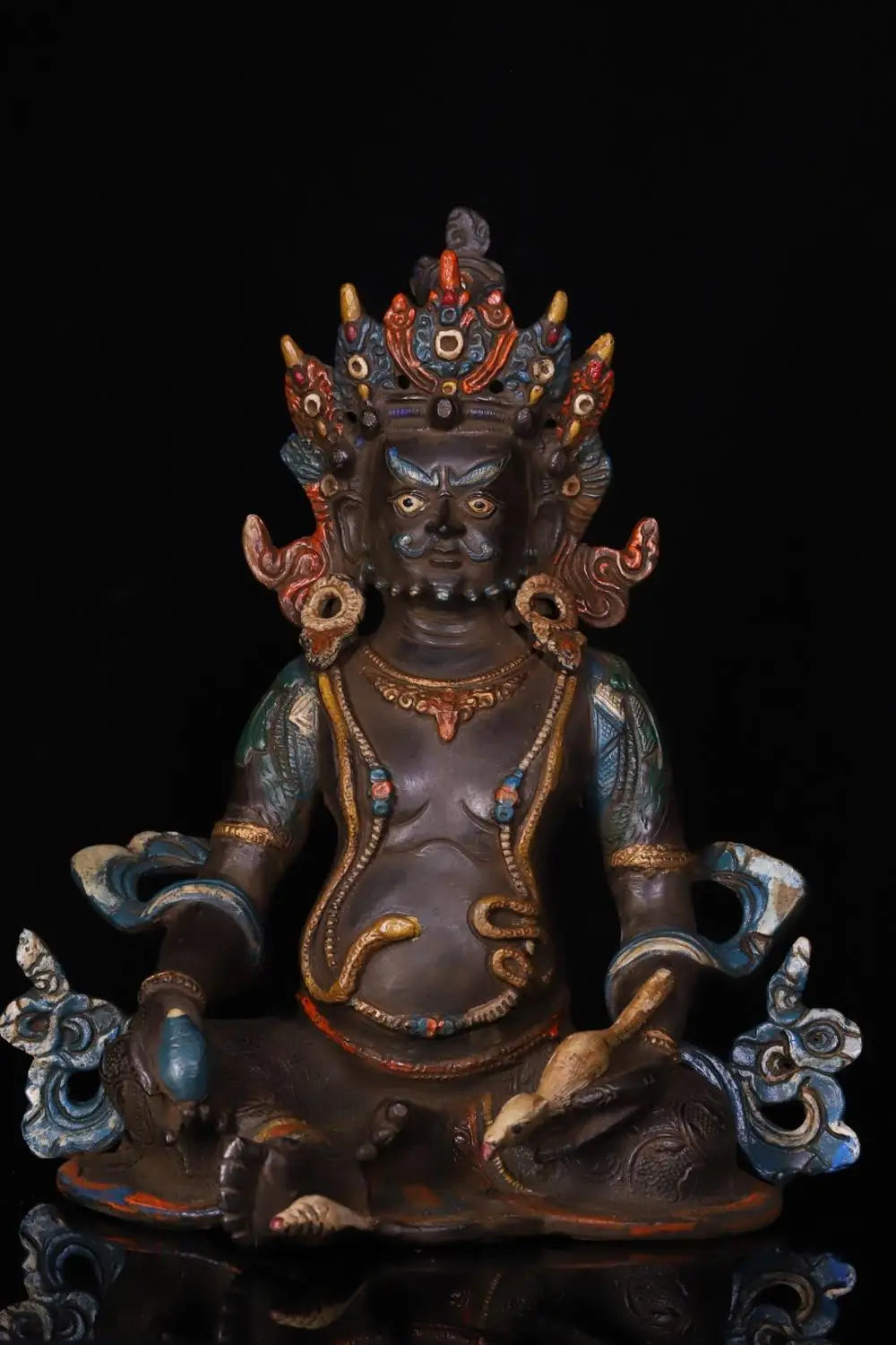 10"Tibetan Temple Collection Old Bronze Painted Cinnabars Yellow Jambhala Yellow God of Wealth Buddha  Worship Hall Town house