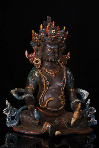 10"Tibetan Temple Collection Old Bronze Painted Cinnabars Yellow Jambhala Yellow God of Wealth Buddha  Worship Hall Town house