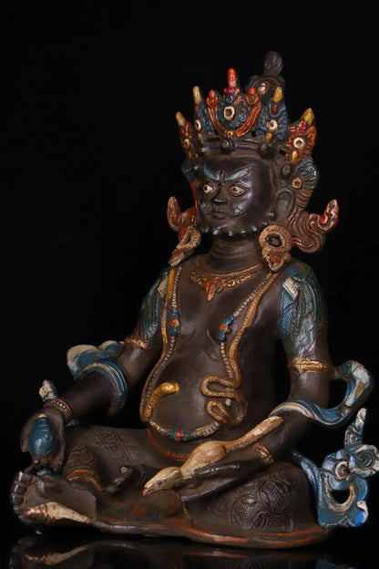 10"Tibetan Temple Collection Old Bronze Painted Cinnabars Yellow Jambhala Yellow God of Wealth Buddha  Worship Hall Town house
