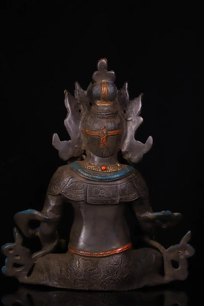 10"Tibetan Temple Collection Old Bronze Painted Cinnabars Yellow Jambhala Yellow God of Wealth Buddha  Worship Hall Town house
