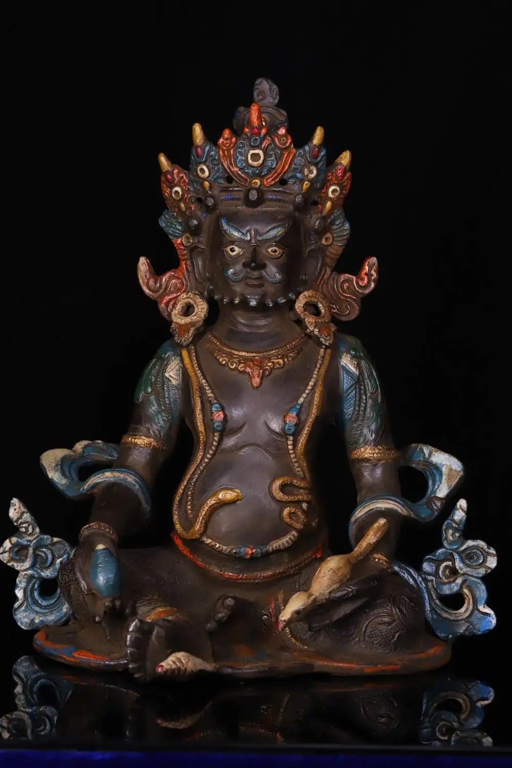 10"Tibetan Temple Collection Old Bronze Painted Cinnabars Yellow Jambhala Yellow God of Wealth Buddha  Worship Hall Town house