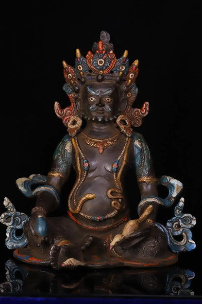 10"Tibetan Temple Collection Old Bronze Painted Cinnabars Yellow Jambhala Yellow God of Wealth Buddha  Worship Hall Town house