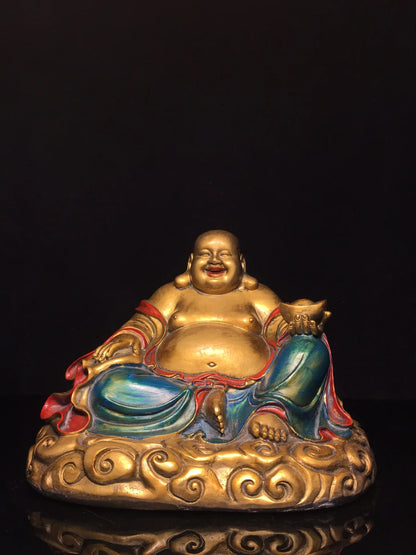 10"Tibetan Temple Collection Old Bronze Painted Maitreya Big bellied Buddha Yuanbao Golden Bag Worship Hall Town house Exorcism