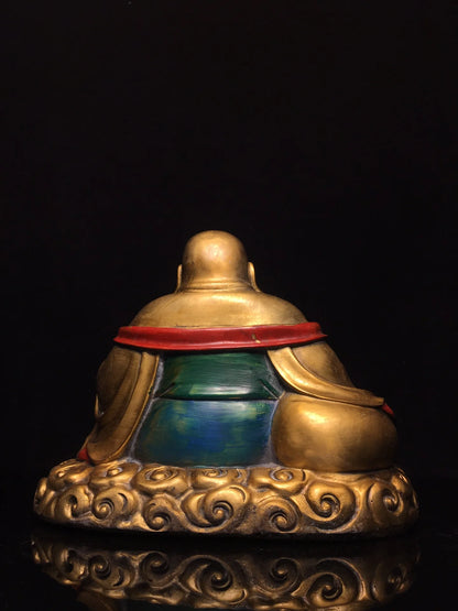 10"Tibetan Temple Collection Old Bronze Painted Maitreya Big bellied Buddha Yuanbao Golden Bag Worship Hall Town house Exorcism