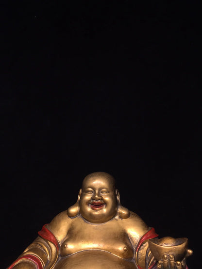 10"Tibetan Temple Collection Old Bronze Painted Maitreya Big bellied Buddha Yuanbao Golden Bag Worship Hall Town house Exorcism