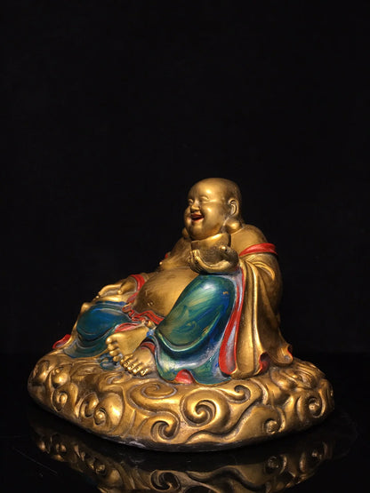 10"Tibetan Temple Collection Old Bronze Painted Maitreya Big bellied Buddha Yuanbao Golden Bag Worship Hall Town house Exorcism
