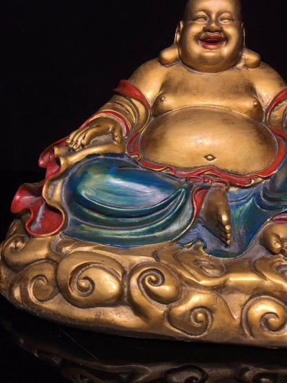 10"Tibetan Temple Collection Old Bronze Painted Maitreya Big bellied Buddha Yuanbao Golden Bag Worship Hall Town house Exorcism