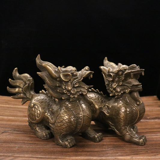 10"Tibetan Temple Collection Old Bronze pulp Kylin Unicorn statue A pair gatekeeper Gather fortune ornament Town house Exorcism