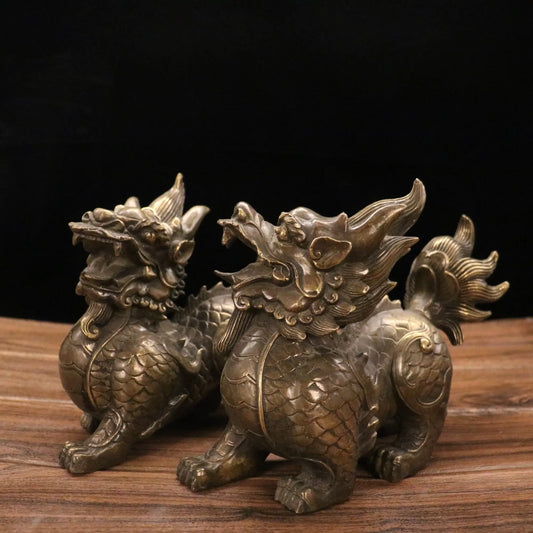 10"Tibetan Temple Collection Old Bronze pulp Kylin Unicorn statue A pair gatekeeper Gather fortune ornament Town house Exorcism
