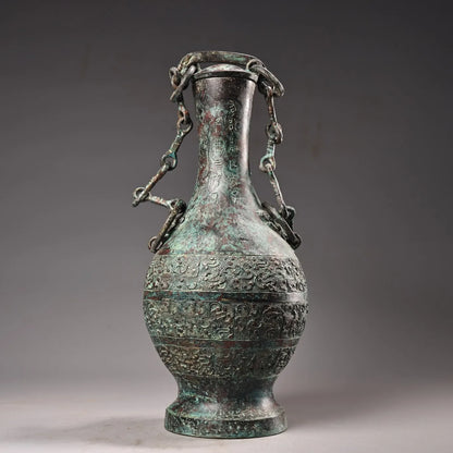 10"Tibetan Temple Collection Old Bronze verdigris Cinnabar Ancient script Beast Head Texture Copper ring raised beam Vase