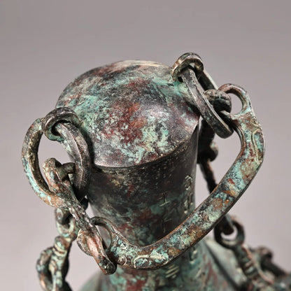 10"Tibetan Temple Collection Old Bronze verdigris Cinnabar Ancient script Beast Head Texture Copper ring raised beam Vase