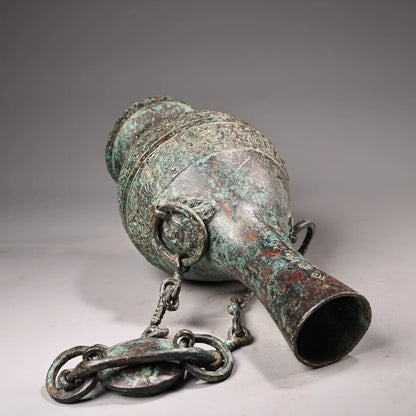 10"Tibetan Temple Collection Old Bronze verdigris Cinnabar Ancient script Beast Head Texture Copper ring raised beam Vase