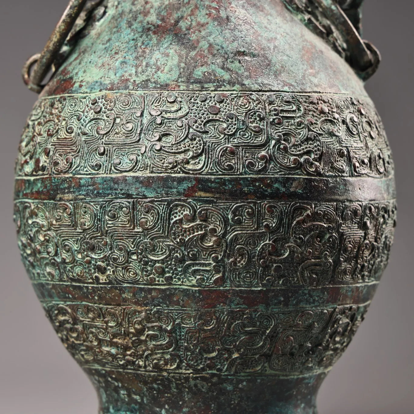 10"Tibetan Temple Collection Old Bronze verdigris Cinnabar Ancient script Beast Head Texture Copper ring raised beam Vase