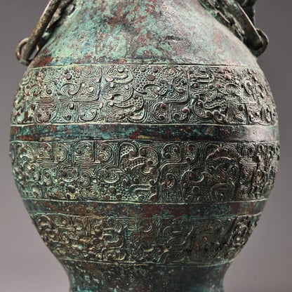10"Tibetan Temple Collection Old Bronze verdigris Cinnabar Ancient script Beast Head Texture Copper ring raised beam Vase