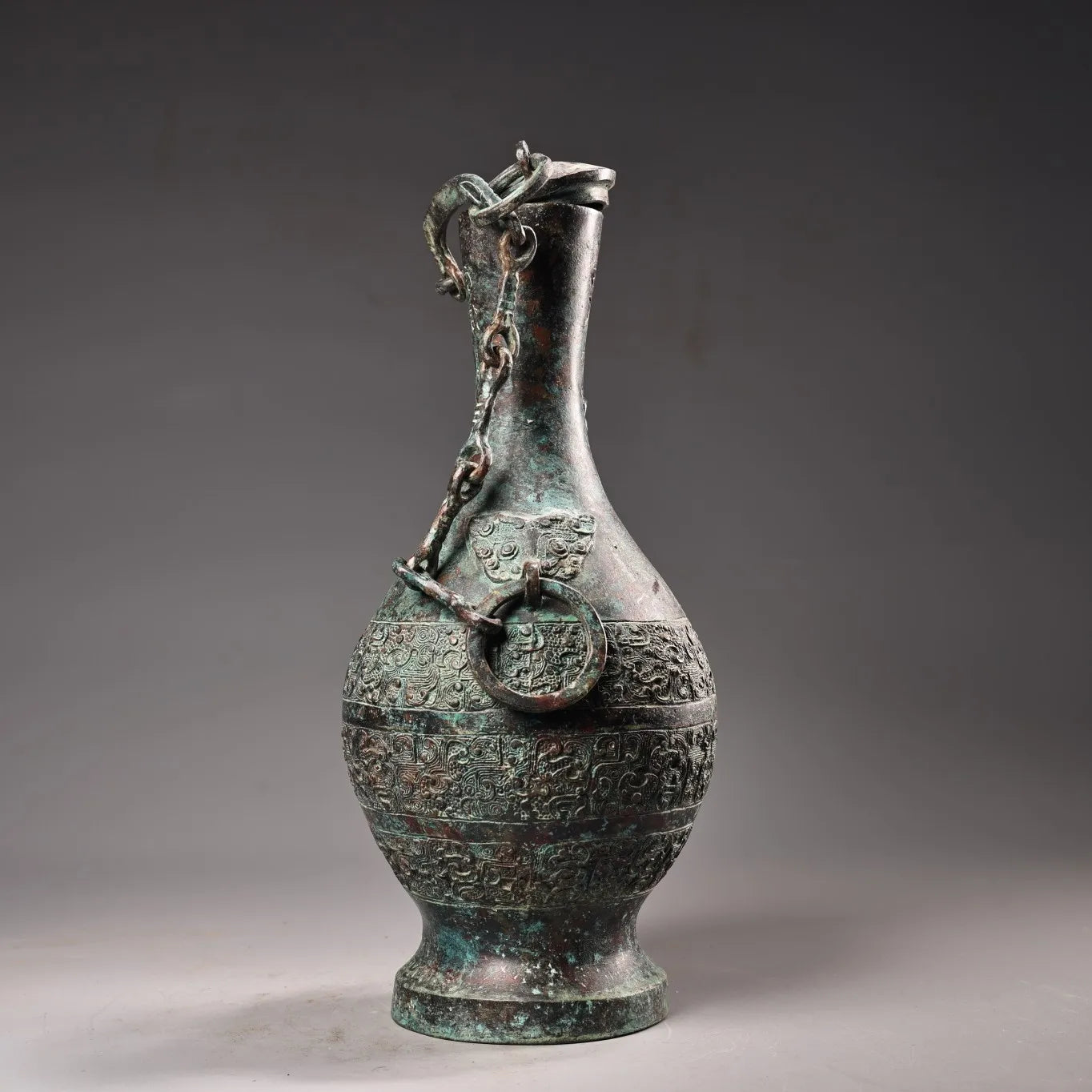 10"Tibetan Temple Collection Old Bronze verdigris Cinnabar Ancient script Beast Head Texture Copper ring raised beam Vase