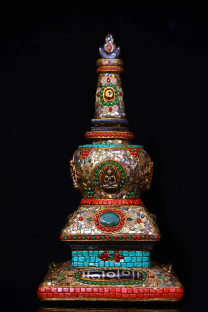 10"Tibetan Temple Collection Old Natural Crystal Mosaic Gem gZi Beads Shell Shakyamuni Buddha Pagoda Stupa Amulet Worship hall