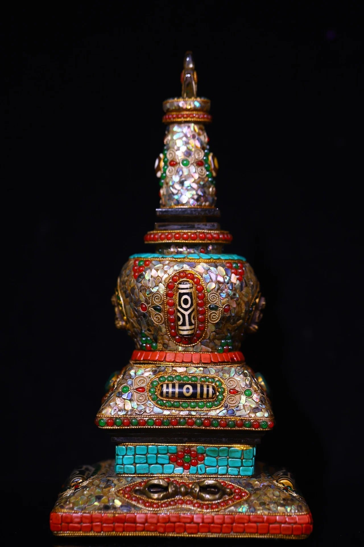 10"Tibetan Temple Collection Old Natural Crystal Mosaic Gem gZi Beads Shell Shakyamuni Buddha Pagoda Stupa Amulet Worship hall