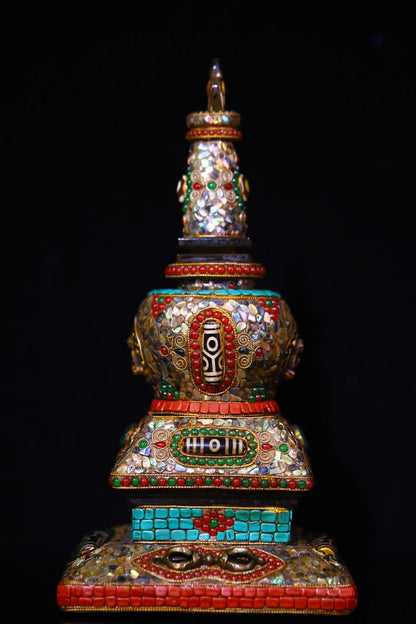 10"Tibetan Temple Collection Old Natural Crystal Mosaic Gem gZi Beads Shell Shakyamuni Buddha Pagoda Stupa Amulet Worship hall